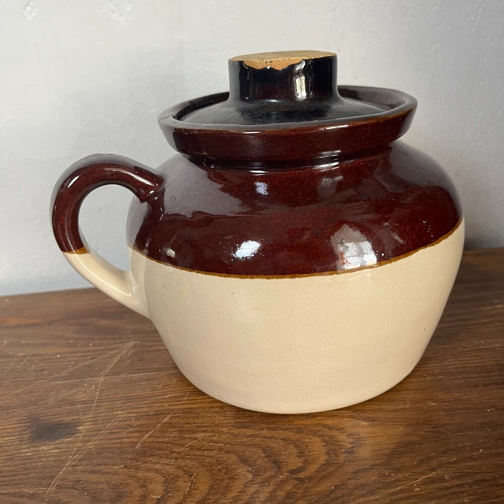 VTG USA Stoneware Bean Pot Crock Lid Brown Cream Farmhouse Kitchen Rustic Decor